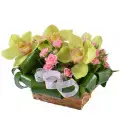 Букет-корзина из зеленой орхидеи (5 цветков) и розовой кустовой розы (5 веток) с доставкой.