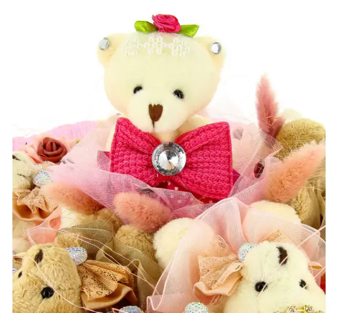 � озовый букет из мягких игрушек (мишки, 6 штук h 9 см. и 1 штука h 13 см.)