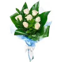 Букет цветов из белых роз (экстра класс, 7 штук) и декоративной зелени с доставкой по Киеву.