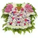 Букет-композиция из розовых роз, голубого лизиантуса, гиперикума и белой и розовой хризантемы №80
