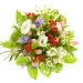 Букет-корзина из розовых кустовых роз и альстромерии, голубой фрезии и ромашек №15